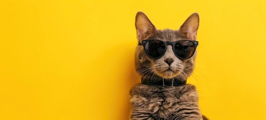 Portrait of a funny cat in sunglasses on yellow background
