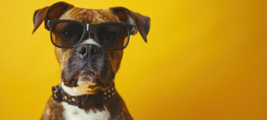 Portrait of a funny dog in sunglasses on yellow background