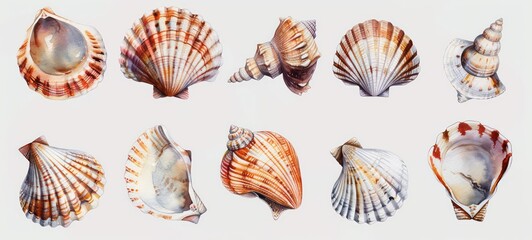 Watercolor seashells collection isolated on white background. Ocean marine sea element graphic design. illustration - obrazy, fototapety, plakaty