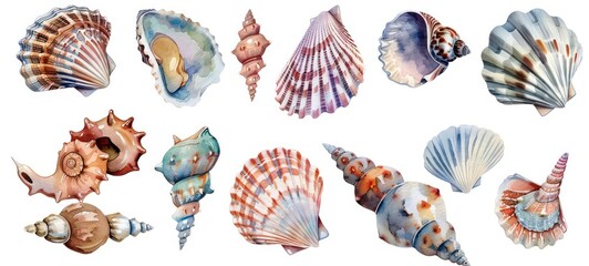 set of watercolor clip art of seashells isolated on white background for graphic design - obrazy, fototapety, plakaty