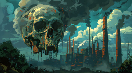 Skull among the smoke of an industrial chimney. Environmental pollution concept - obrazy, fototapety, plakaty