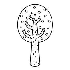 Doodle tree in cartoon style. Black and white hand drawn cute tree element for kids design. Great for apparel, prints, stickers. Vector illustration
