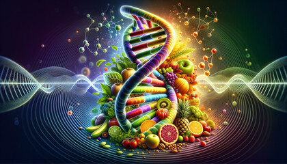 Vibrant DNA double helix intertwined with fresh fruits and vegetables symbolizing nutrigenomics