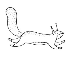 Cute black and white squirrel. Jumping forest character in cartoon style for kids design. Orange woodland animal. In outline for coloring. Vector illustration