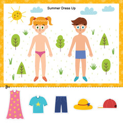 Summer dress up activity page for kids. Little boy and girl with summer clothes printable game for children. Paper dolls vector illustration - 755212371