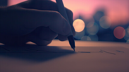 Closeup of a hand holding a pen writing on paper with a blurred twilight or dawn background featuring bokeh lights - obrazy, fototapety, plakaty