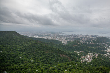 Fototapeta na wymiar View of Rio de Janerio from the Christ the Redeemer statue in Tijuica national park cloudy day skyline