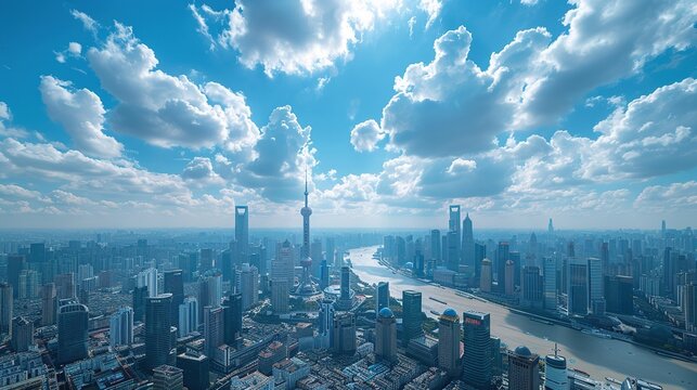 Top floor office, city blue sky and white clouds, Shanghai view,4k image