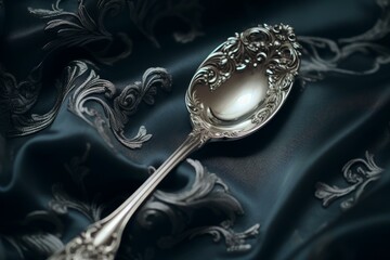 Detailed Closeup photo of silver antique spoon. Vintage culinary teaspoon cutlery with classic decorations. Generate ai