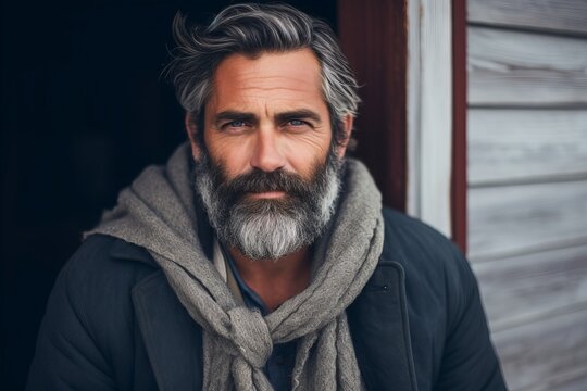 Portrait of a handsome bearded man with gray beard and mustache in a black jacket and gray scarf.