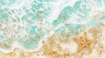 Fototapeta na wymiar An aerial view of a beach with gentle waves white foam and a singular starfish on the sandy shore