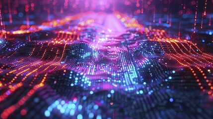 Fototapeta premium A digital landscape displaying the flow of information through a deep learning model, converting raw data into actionable knowledge, in neon tones and a digital graphic technology style.