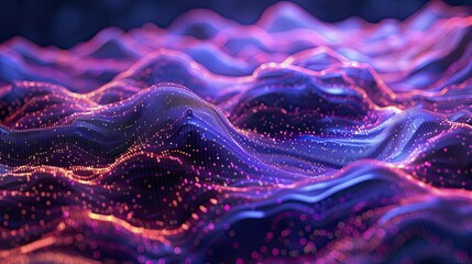 A neon-toned digital landscape illustrates data flow in a deep learning model, turning raw data into actionable knowledge.