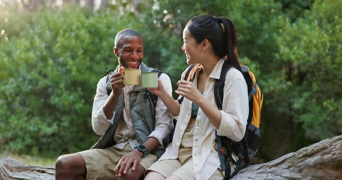 Friends, tea and cheers on hike outdoors, conversation and hot beverage for victory on trek in woods. People, laugh and coffee on holiday or vacation to celebrate, toast and talk on travel in nature