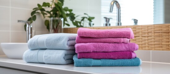 A neat stack of folded pink, turquoise, and purple bamboo towels sits on top of a bathroom counter...