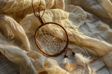 A wooden dream catcher with a peachcolored patterned net hangs elegantly above a bed. Its intricate carving and circular design enhance the rooms overall artistic atmosphere - obrazy, fototapety, plakaty