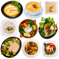 Collage of delicious cooked soups isolated on white..