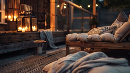 Night evening summer terrace with cozy sofa and green grass. Background concept - obrazy, fototapety, plakaty