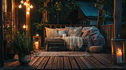 Night evening summer terrace with cozy sofa and green grass. Background concept - obrazy, fototapety, plakaty