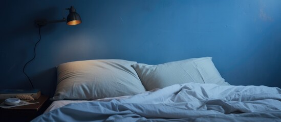 An unmade bed featuring a white comforter and sheets, with a blue wall in the background. A blue pillow and bedside lamp add accents to the scene.