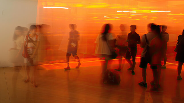 Abstract motion blur of people in an orangelit room suggesting movement and a bustling atmosphere
