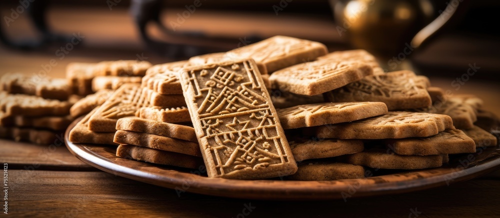 Canvas Prints A plate of cookies, a staple food in many cuisines, is displayed on a wooden table. These baked goods contain the ingredients of flour, sugar, and butter