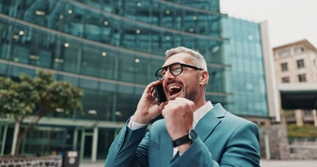 Happy senior, businessman and walking with phone call in city for success, winning or deal. Excited, mature man or employee with smile on mobile smartphone for conversation, good news or discussion - Powered by Adobe