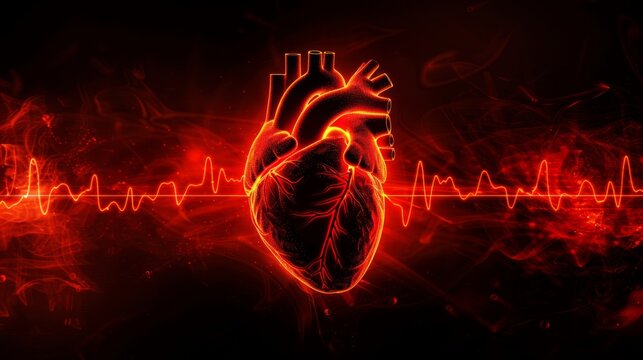 A minimalist depiction of a human heart with a digital red line tracing the cardiac pulse, set against a stark black background. Symbolizing health, cardiology, and awareness of cardiovascular disease