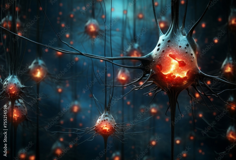 Poster enlightening single neuron synapses scheme board. network system cell science mind. generate ai