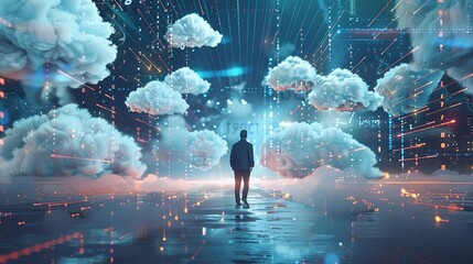 A man standing confidently in a futuristic cloud technology-themed environment, surrounded by digital innovation and connectivity - obrazy, fototapety, plakaty