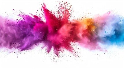 An explosion of colored powder resembling a rainbow is creating a vibrant pattern on a white background, showcasing shades of pink, violet, magenta, and more in an artistic display