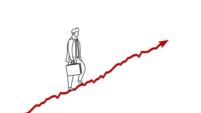 Whiteboard cartoon businessman going up red chart graph animation. Business linear metaphor of progress, success, career advancement, climbing up career ladder or stairs.