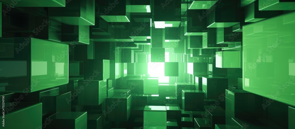 Poster an abstract background featuring a variety of green squares arranged in a geometric pattern. the squ