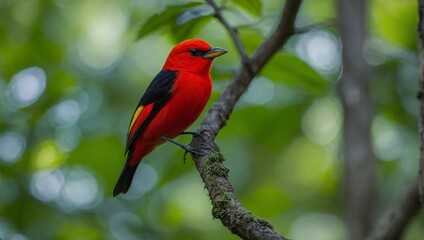 Close-up of scarlet tanager bird perched on tree branch in forest, background blurred