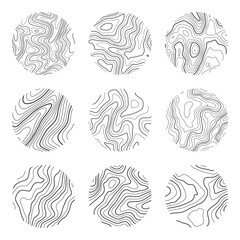 Topographic map with contour lines. Geographic terrain grid, relief height elevation. Ground path pattern. Travel and navigation, cartography design element. Vector illustration