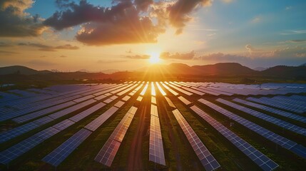 Sunset bathes rows of solar panels in warm light Solar farms are becoming increasingly common around the world ai generative images