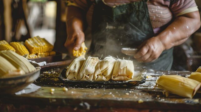 Tamales, traditional dish. Preparing tamales. Treats for the family. Corn dish generative ai image