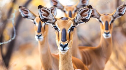 Close up image of a group of impala antelopes in the african savanna during a safari - obrazy, fototapety, plakaty