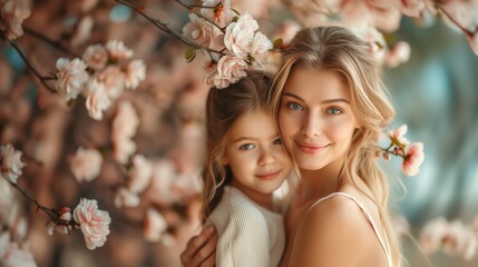 Happy mother's day! Child daughter congratulates mom and gives her flowers. Mum and girl smiling and hugging. Family holiday and togetherness - obrazy, fototapety, plakaty