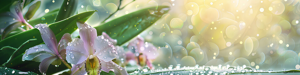 soft pink  large orchids covered with dew drops, banner - obrazy, fototapety, plakaty