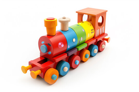 Colorful Wooden Toy Train on a White Background