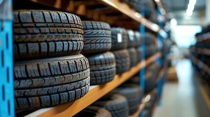 A new tire is placed on the tire storage rack in the car workshop. Be prepared for vehicles that...