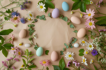 Happy Easter. Spring Floral and Egg Flat Lay