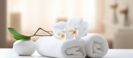 Fototapeta na wymiar A clean white towel lying flat on a white table, with a delicate flower placed on top. The image conveys a spa-like atmosphere and a sense of purity and relaxation.