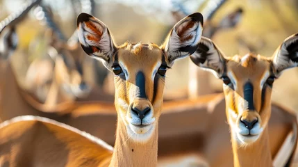 Plexiglas foto achterwand Close up image of a group of impala antelopes in the african savanna during a safari © Ziyan Yang