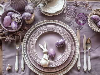 Happy Easter. Lavender Easter Table Setting