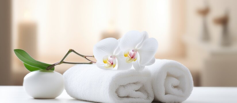 A clean white towel lying flat on a white table, with a delicate flower placed on top. The image conveys a spa-like atmosphere and a sense of purity and relaxation.