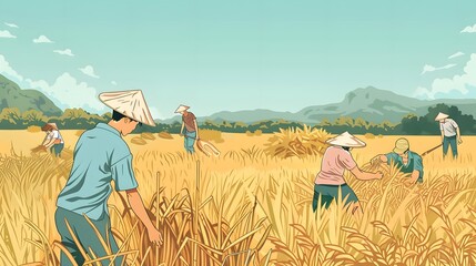 Asian farmers working on Field. Farmer harvesting vector. Hand drawn illustration. - obrazy, fototapety, plakaty