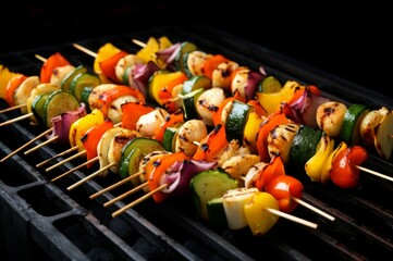 Colorful Skewers vegetables grill food. Spicy party. Generate Ai