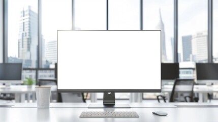 Mockup of computer monitor with blank screen in contemporary office in front of window, AI-generative